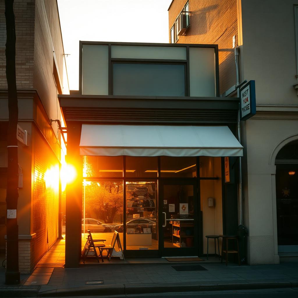 A small local shop at golden hour